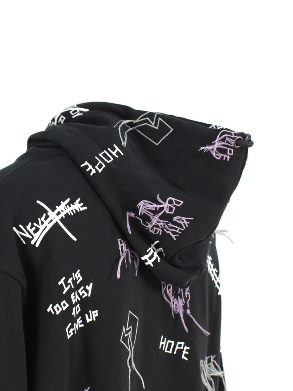 【21AW】総柄 刺繡プリントパーカー / NEW MANIFESTO HOODIE / ブラック × マルチ