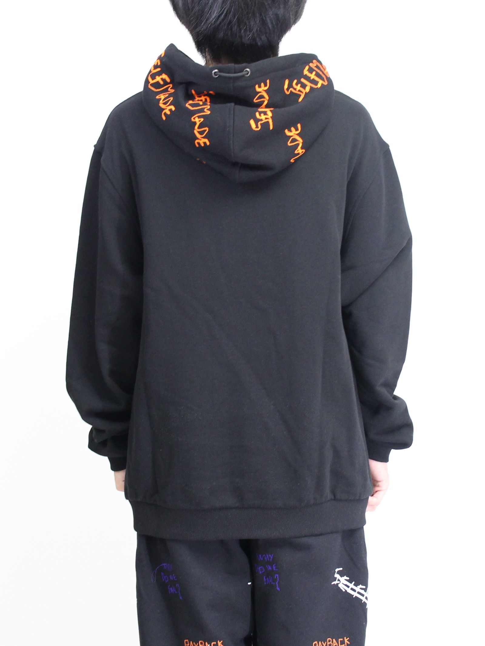 【20AW】フードロゴ刺繍 オーバーサイズパーカー / SELF MADE ICONIC HOODIE / ブラック × オレンジ