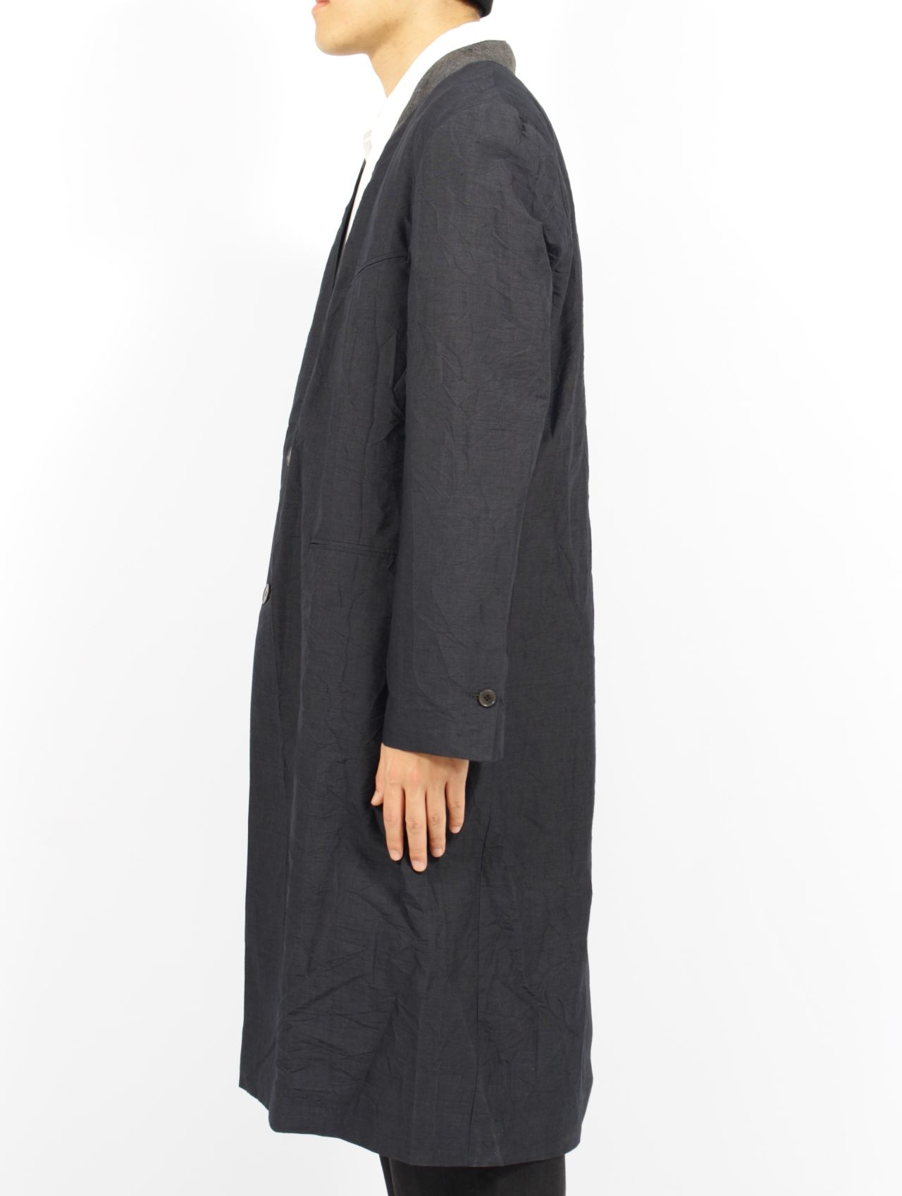 【25SS】オーバーサイズ スカーフ付き ノーカラー ロングジャケット / OVERSIZE DETACHBLE AVIATOR HAT SCARF LONG JACKET / オフブラック