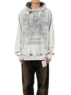 【24AW】キャット プリント ブリーチ パーカー  / BLEACHED HOODIE / グレー