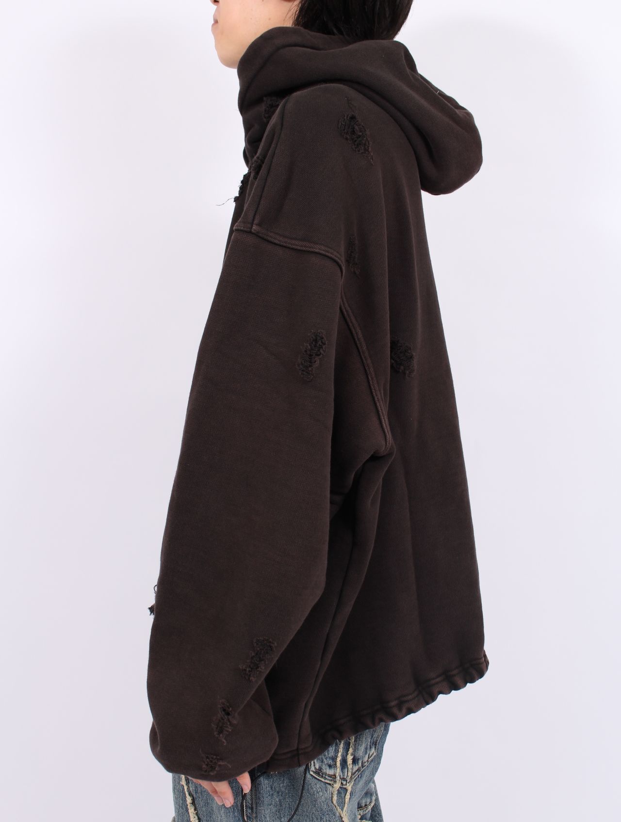 【25AW】ロック フーディー  TCロゴ レザー ダメージ加工 パーカー / ROCK HOODIE / ブラック