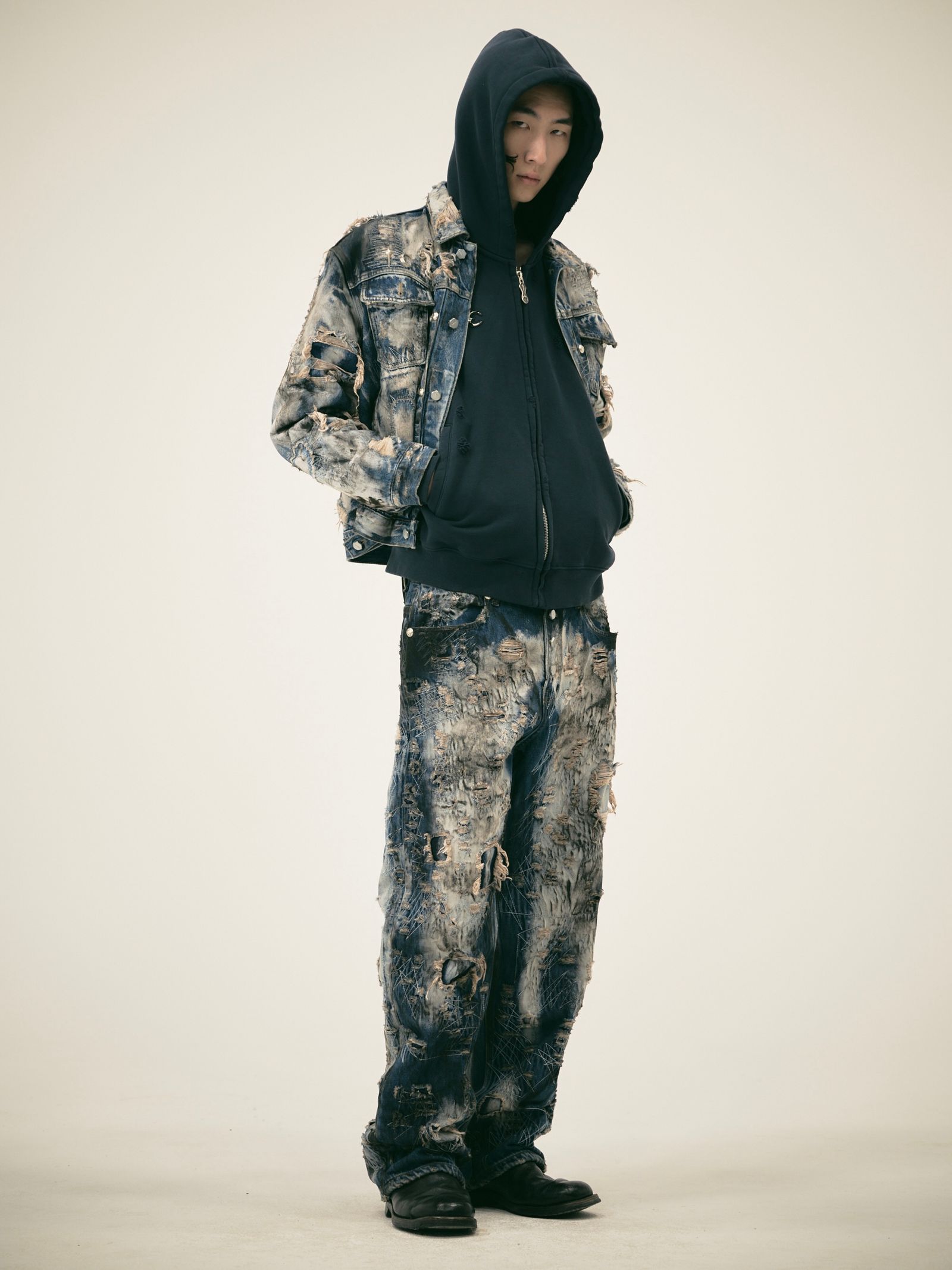 【25AW】ハードウォッシュド ダメージ デニム ジャケット / HARD-WASHED DAMAGED DENIM JACKET / ブルー