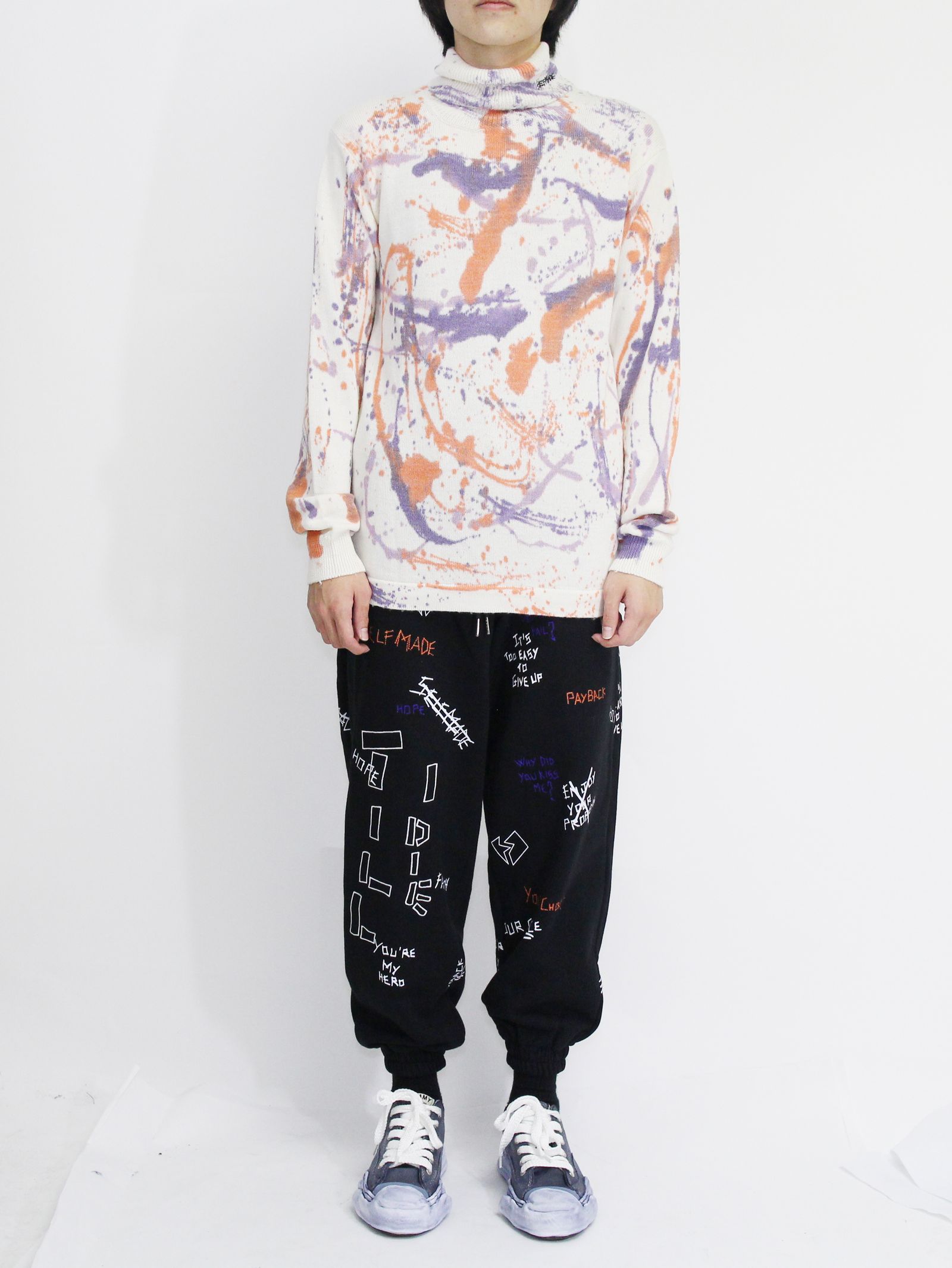 【20AW】ペイント タートルネック ニット / HANDMADE  PAINTED  TURTLENECK / オフホワイト × マルチ