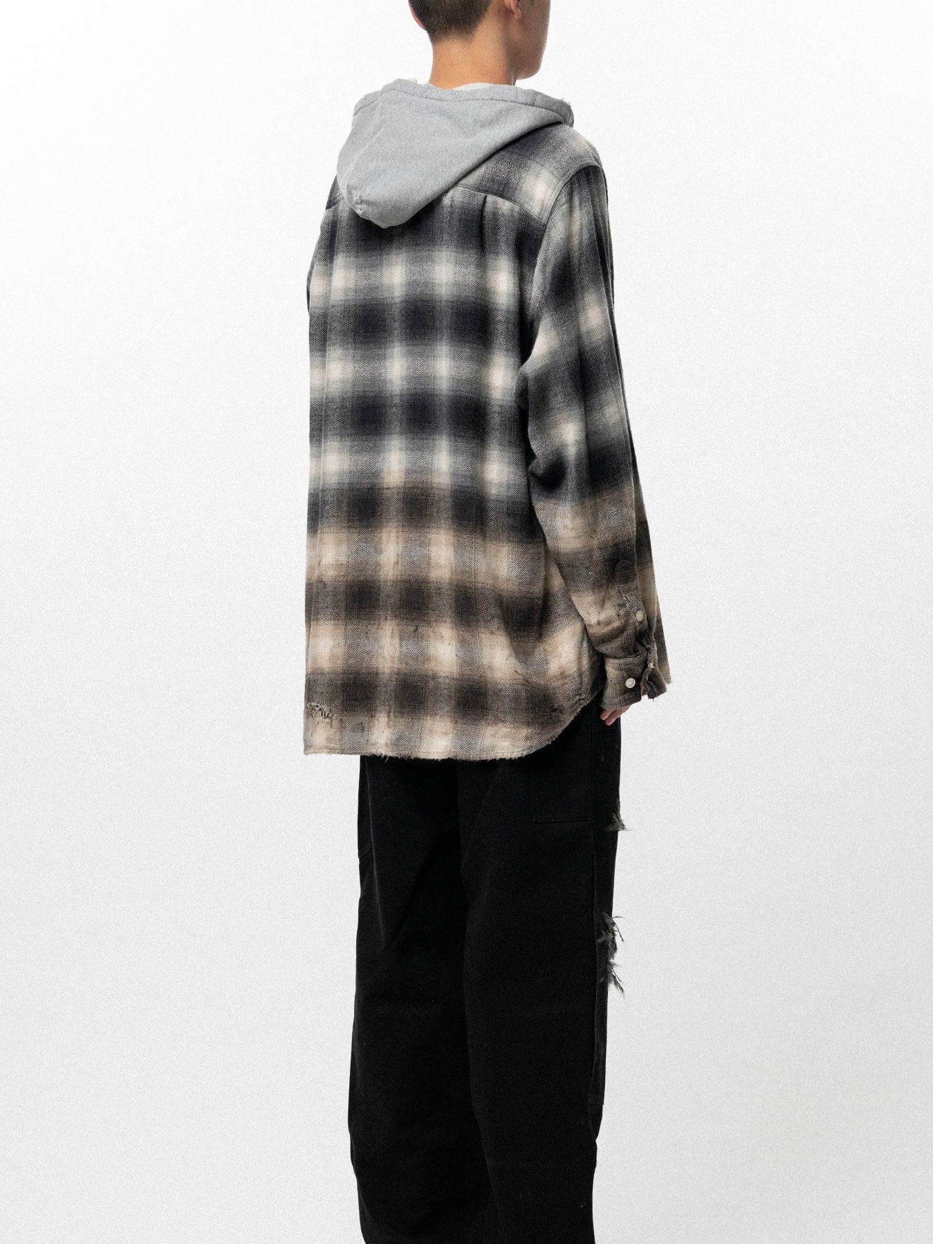【26SS】ディストレスド フーディッド チェック シャツ / DISTRESSED HOODED CHECKED SHIRT / ブラック