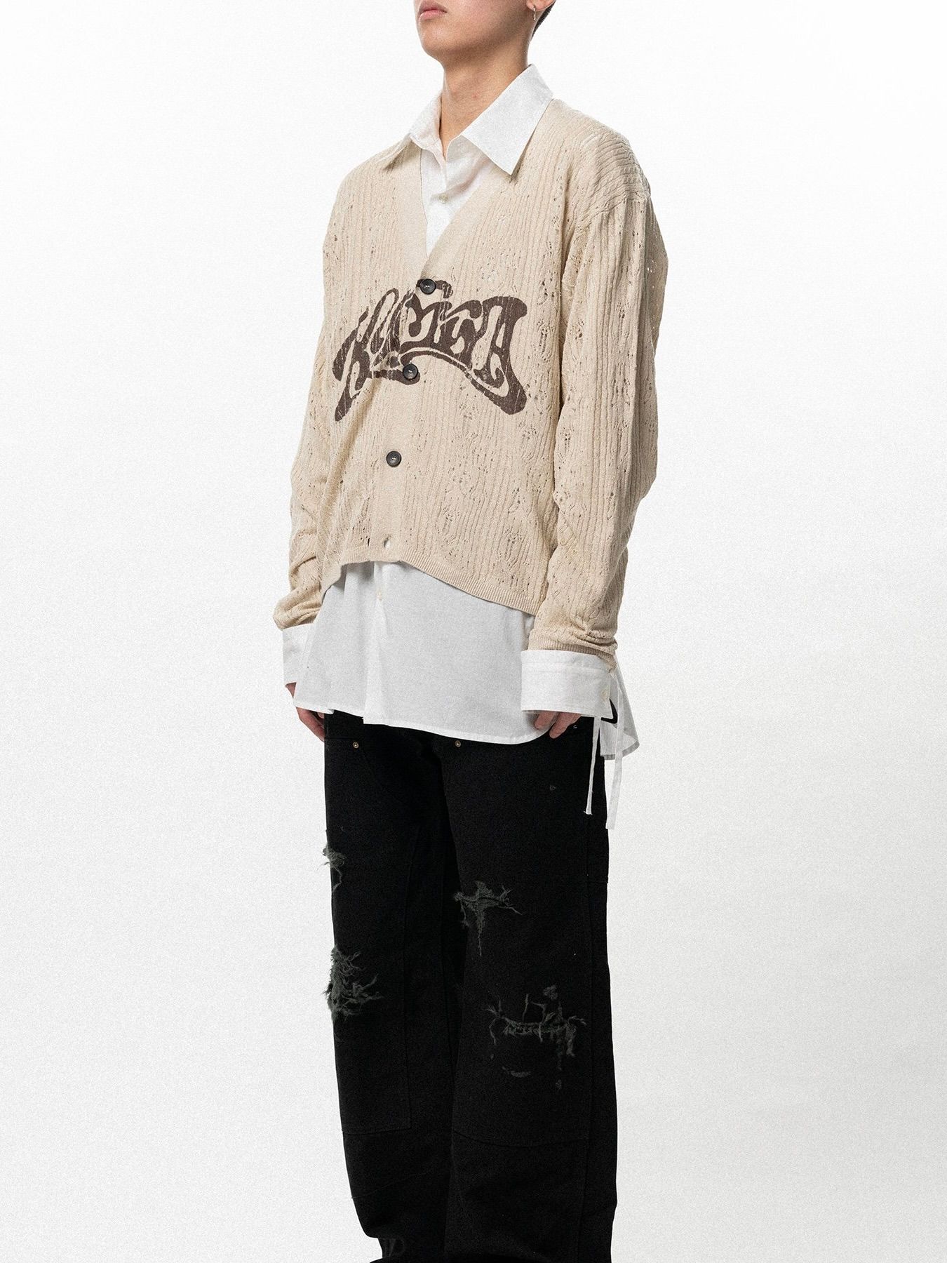 【26SS】ウェービー カミヤ プリンテッド シルクレース ニット カーディガン / "WAVY KAMIYA" PRINTED SILK LACE KNIT CARDIGAN / ベージュ