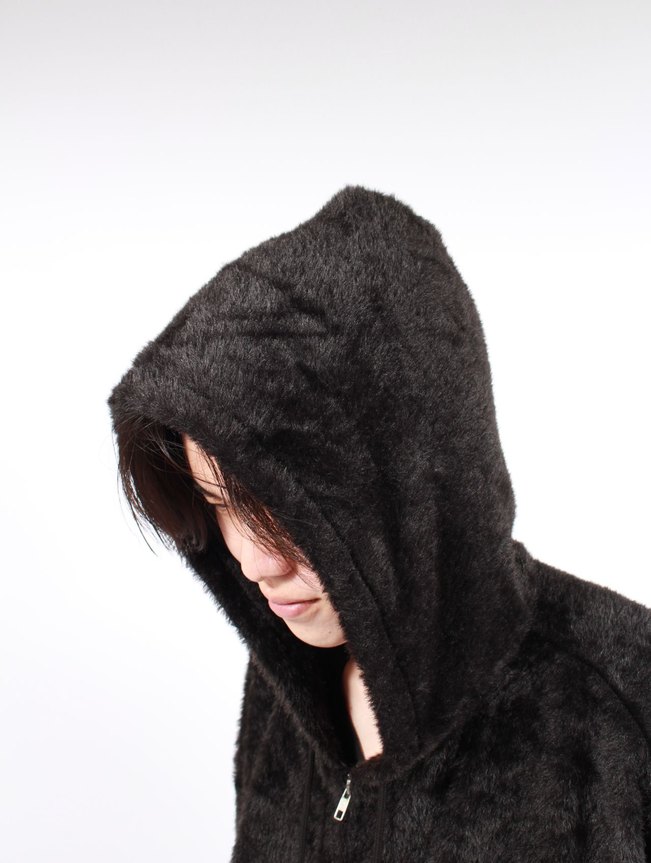 【25AW】テディベア フーデッド セーター シャギー ジップアップ パーカー / TEDDY BEAR HOODED SWEATER / ブラック