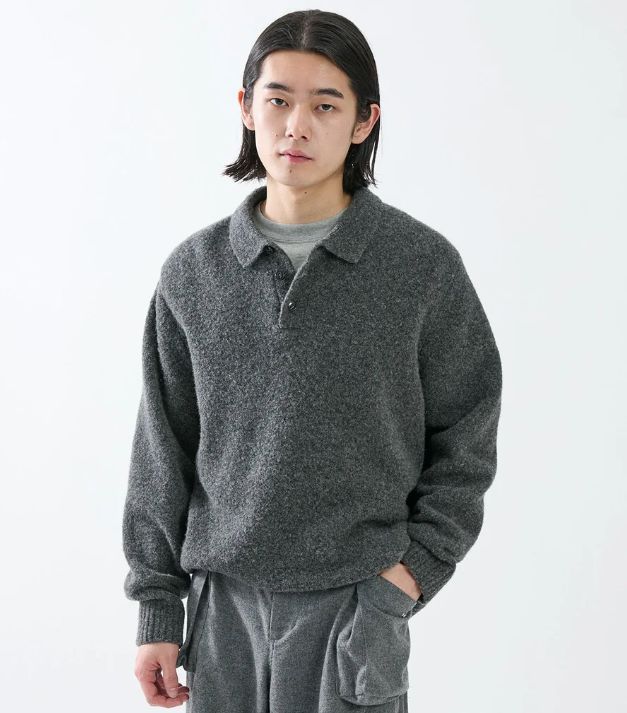 HIKER POLO SWEATER WOOL BOUCLE KNIT / CHARCOAL / ポロ セーター