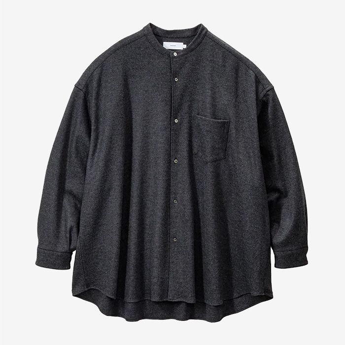 Wool Smooth Flannel Oversized Band Collar Shirt / Gray