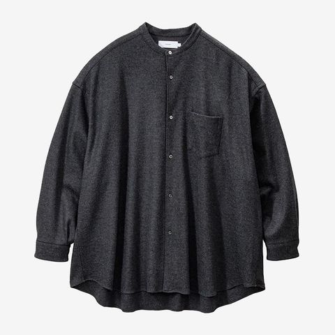 Wool Smooth Flannel Oversized Band Collar Shirt / Gray