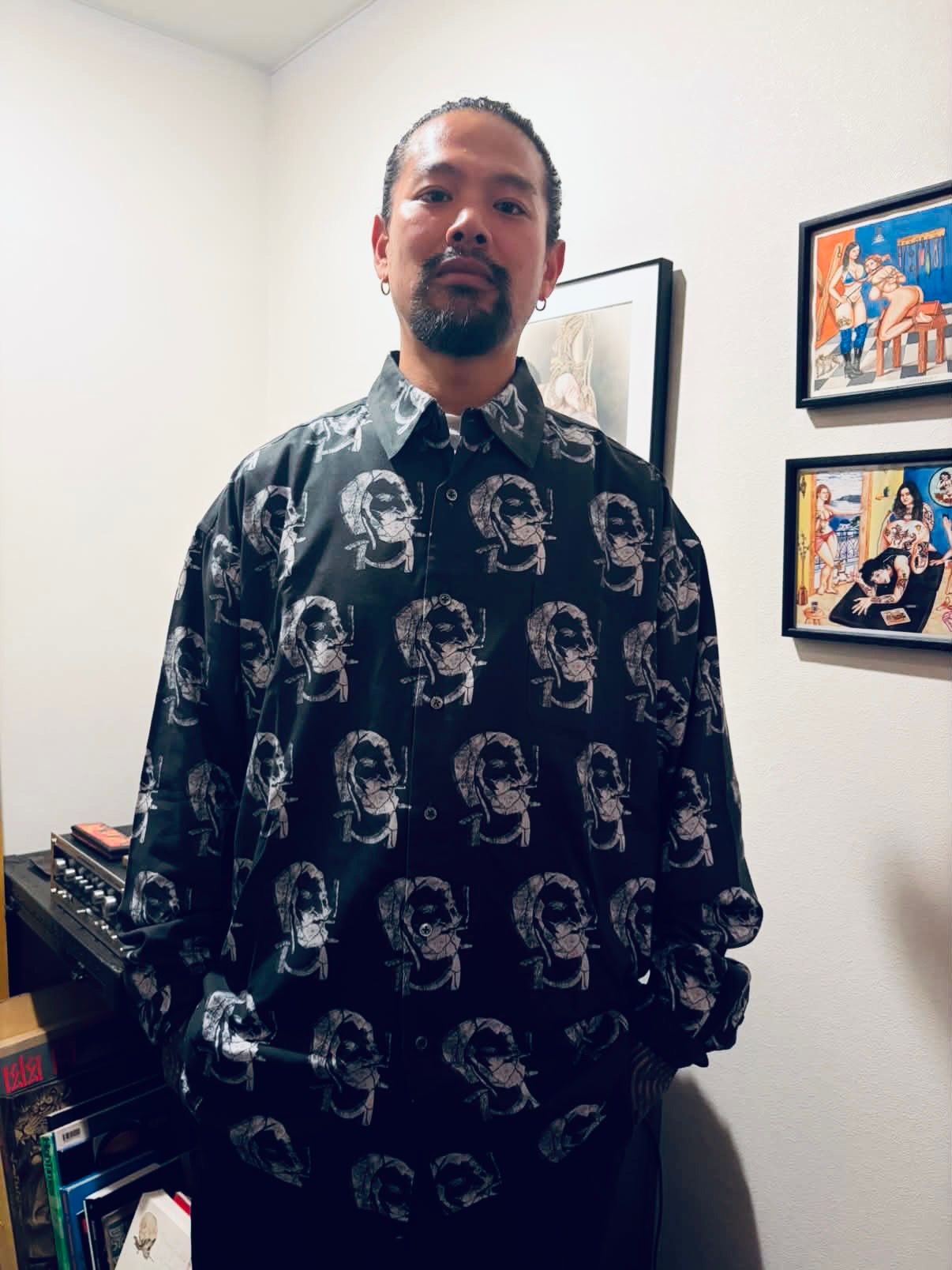 STONED ZIG-ZAG REGULAR COLLAR SHIRT  / CHARCOAL / 総柄シャツ