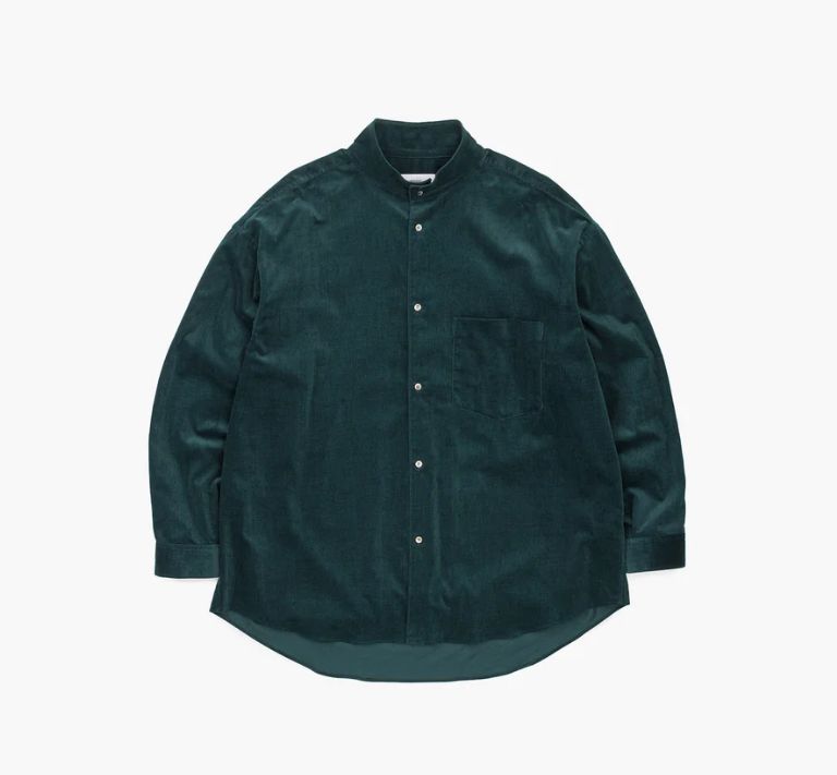 Graphpaper - Suvin Corduroy Stand Collar Shirt / D.GREEN | Stripe