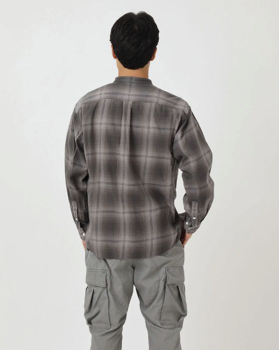 OFFICER STAND COLLAR L/S SHIRT COTTON TWILL OMBRE CHECK by Rafu / GRAY