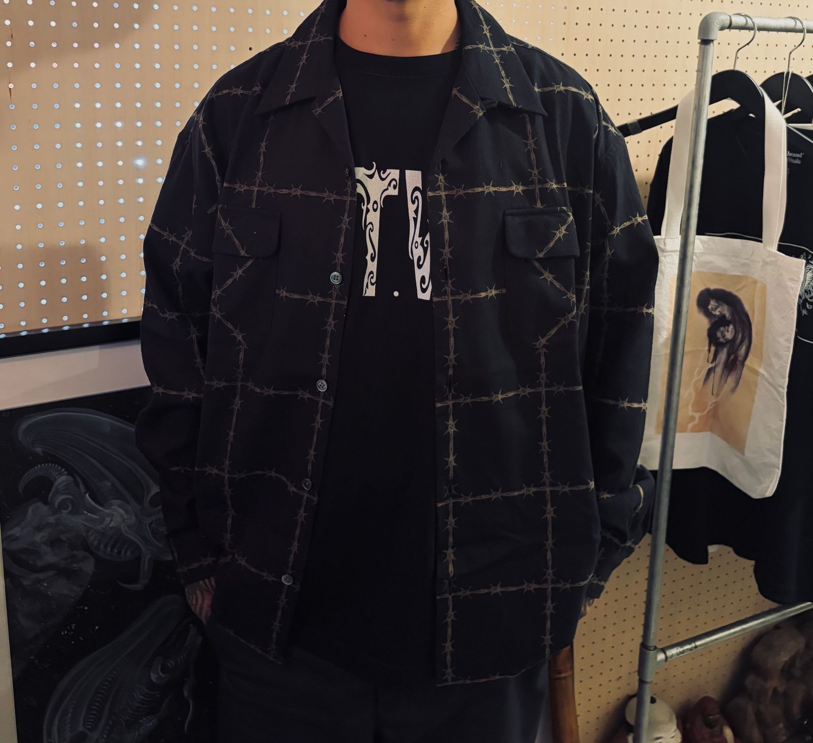 有刺鉄線 OPEN COLLAR L/S SHIRT / BLACK / 総柄シャツ