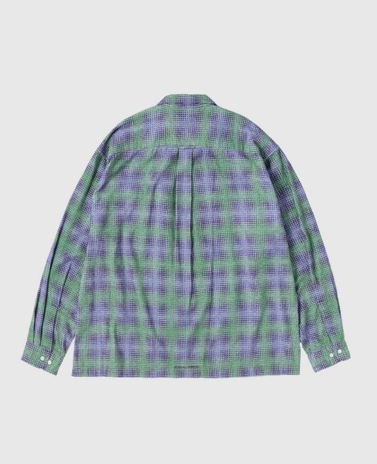 PRINTED PLAID FLANNEL OPEN COLLAR SHIRT / Green x Purple