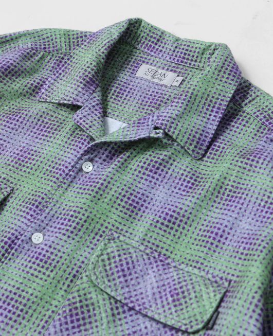 PRINTED PLAID FLANNEL OPEN COLLAR SHIRT / Green x Purple