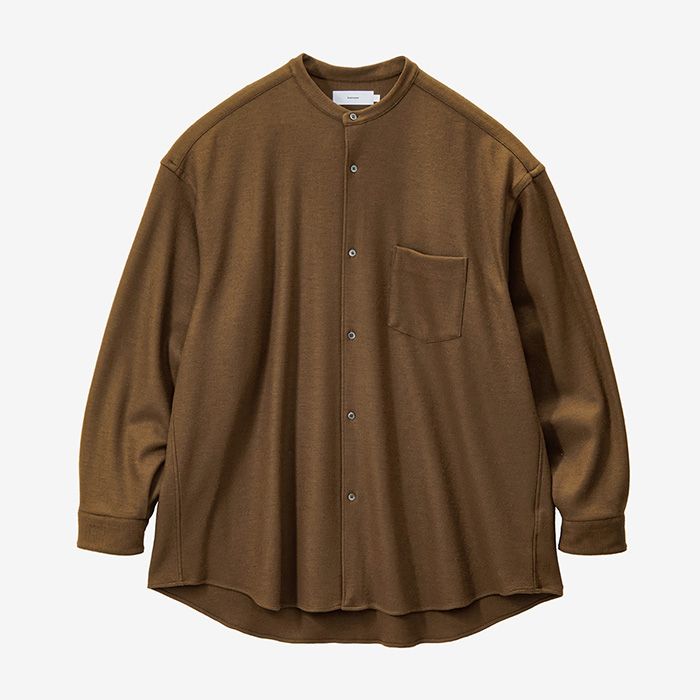 Wool Smooth Flannel Oversized Band Collar Shirt  / BROWN