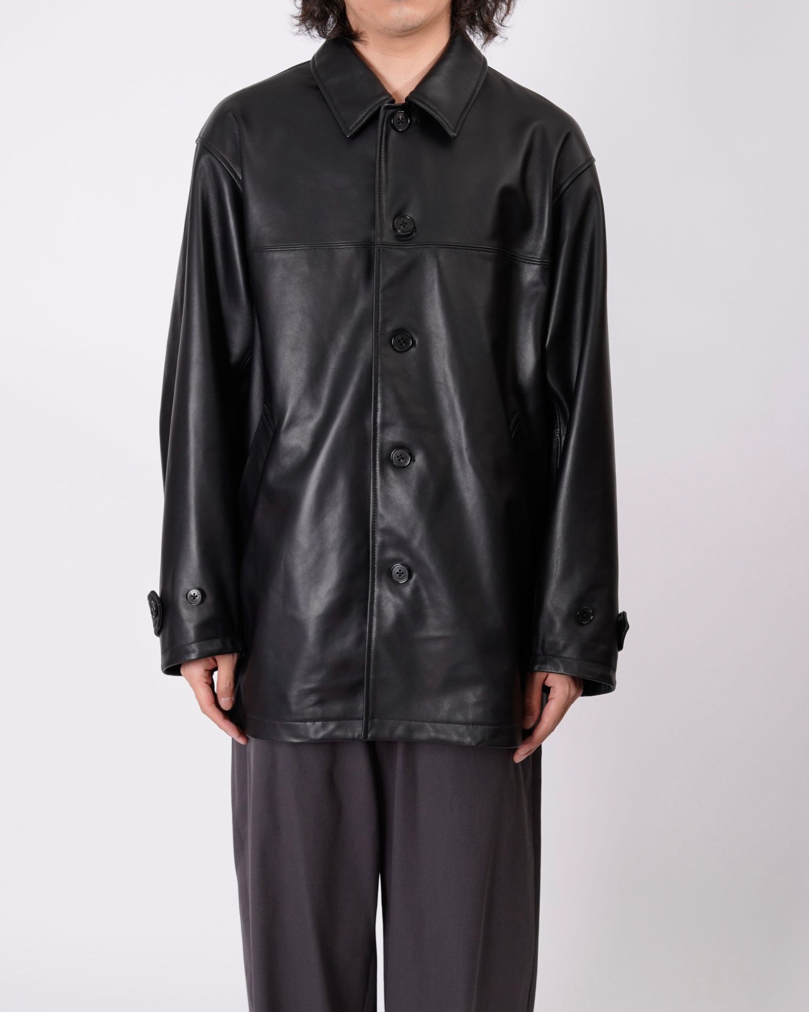 LEATHER CAR COAT / BLACK