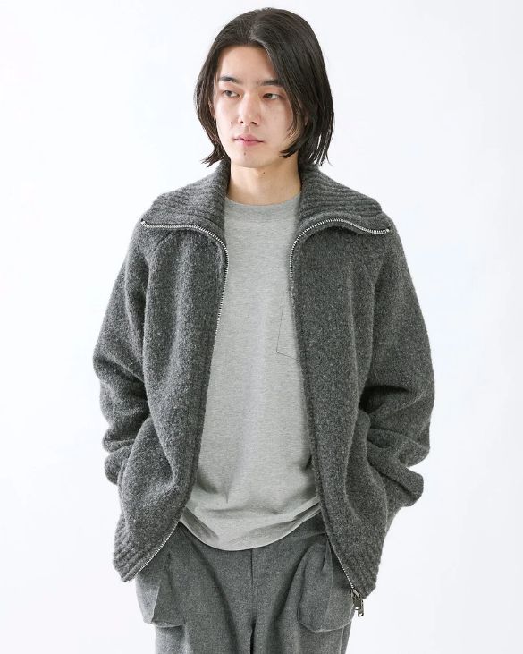 HIKER HIGH NECK ZIP BLOUSON WOOL BOUCLE KNIT / CHARCOAL / ニットブルゾン