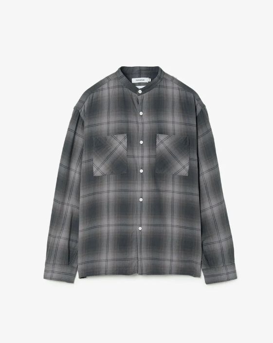 OFFICER STAND COLLAR L/S SHIRT COTTON TWILL OMBRE CHECK by Rafu / GRAY