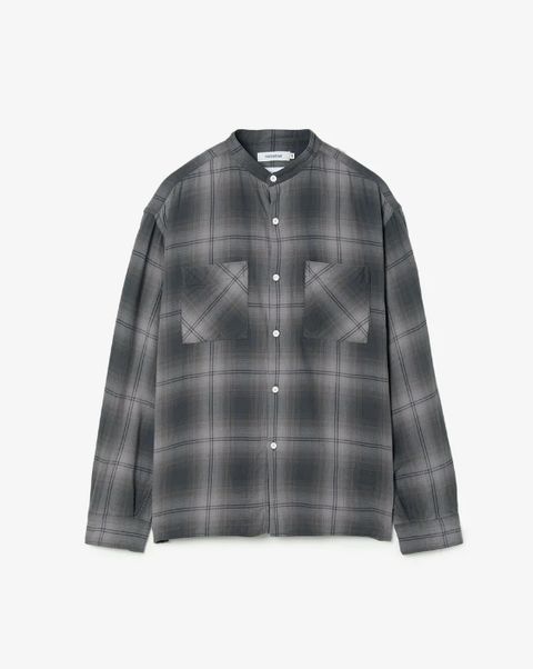 OFFICER STAND COLLAR L/S SHIRT COTTON TWILL OMBRE CHECK by Rafu / GRAY