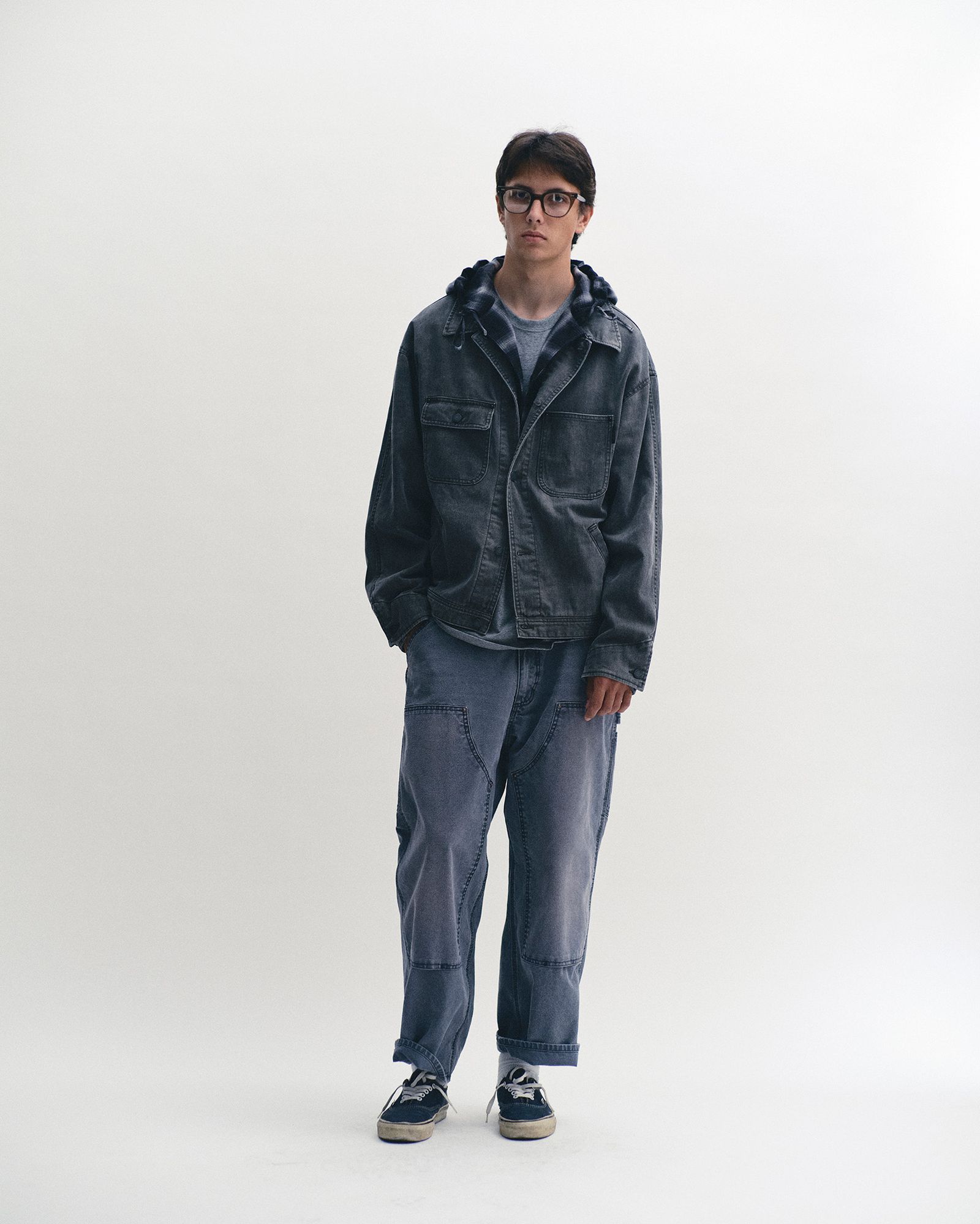 OMBRE PLAID HOODED SHIRT / BLACK PLAID