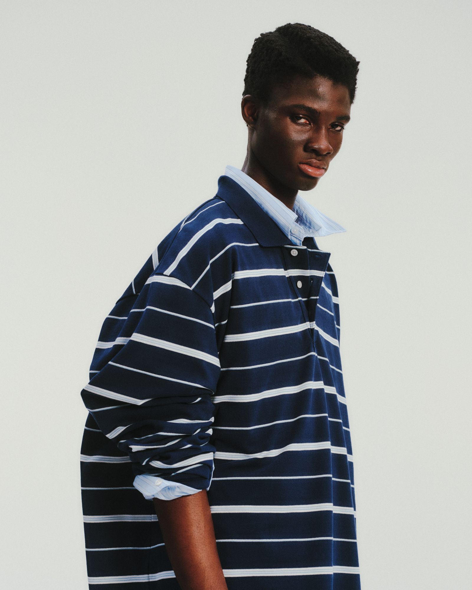 Moss Stitch Border L/S Polo / NAVY /  ボーダーポロシャツ