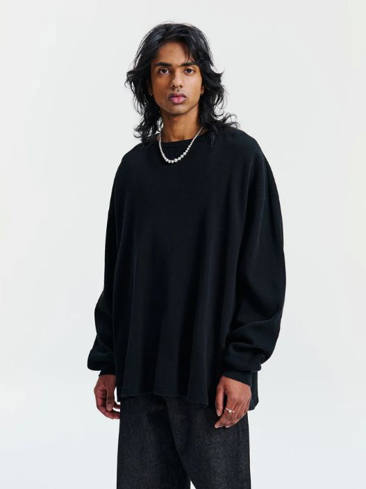 Degreasing Rough Waffle L/S Tee / BLACK /  ワッフルティーシャツ
