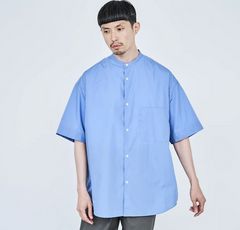 Graphpaper - Broad S/S Oversized Band Collar Shirt / BLUE | Stripe 
