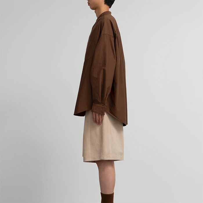 Oxford L/S Oversized Band Collar Shirt / BROWN