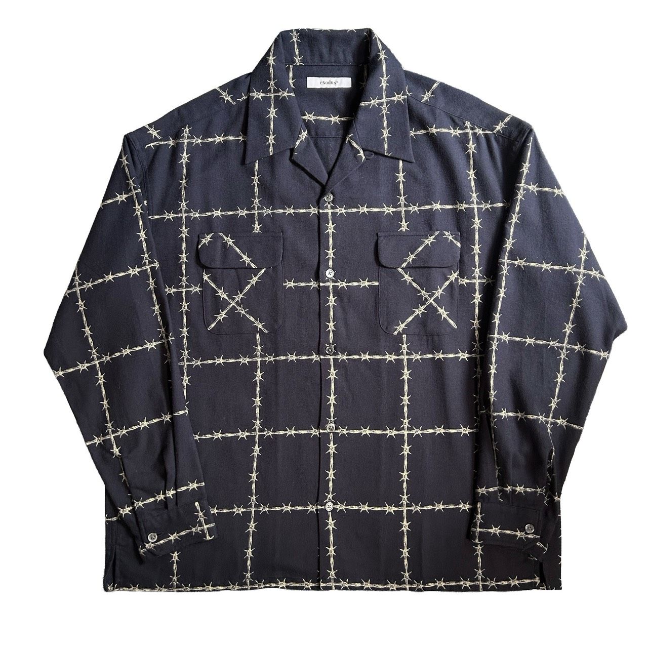 有刺鉄線 OPEN COLLAR L/S SHIRT / NAVY / 総柄シャツ