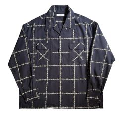 有刺鉄線 OPEN COLLAR L/S SHIRT / NAVY / 総柄シャツ
