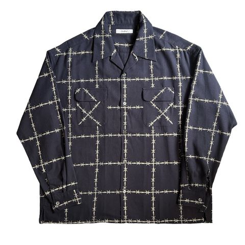 有刺鉄線 OPEN COLLAR L/S SHIRT / NAVY / 総柄シャツ