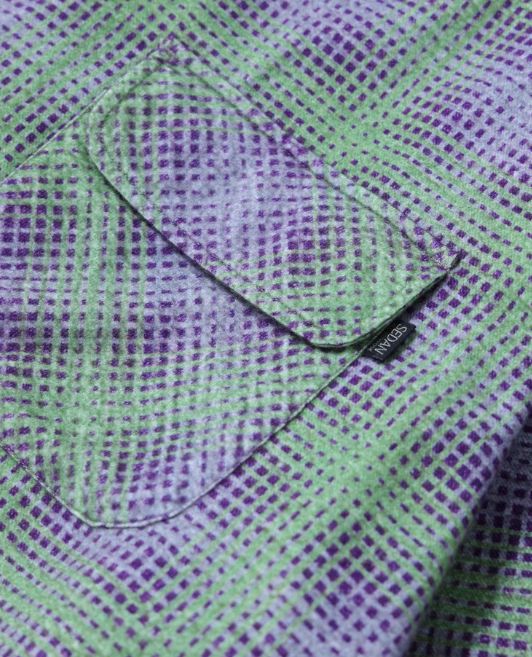 PRINTED PLAID FLANNEL OPEN COLLAR SHIRT / Green x Purple