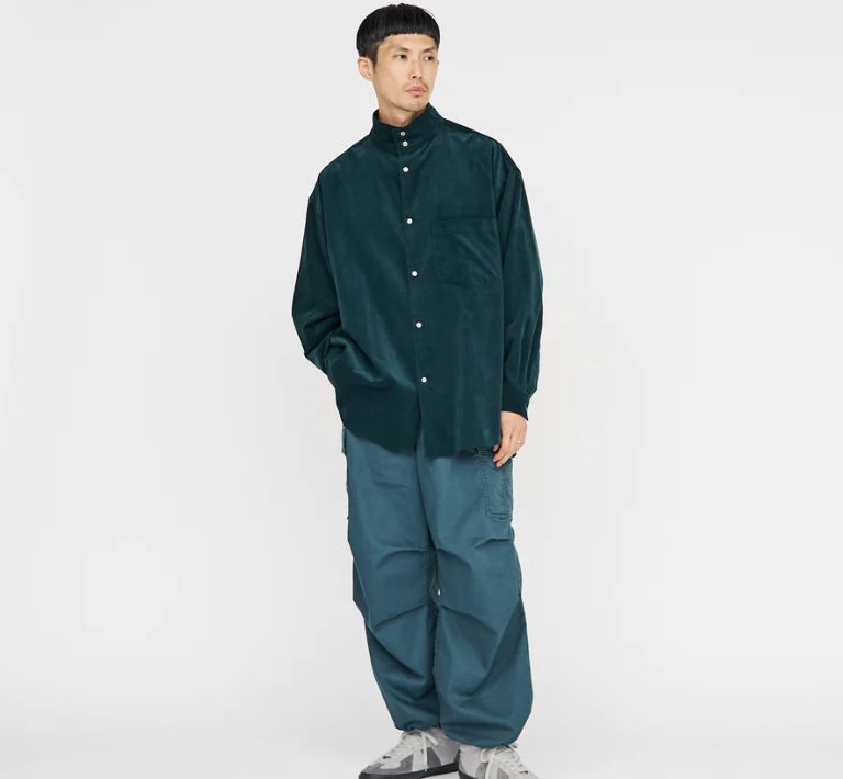 Graphpaper - Suvin Corduroy Stand Collar Shirt / D.GREEN | Stripe