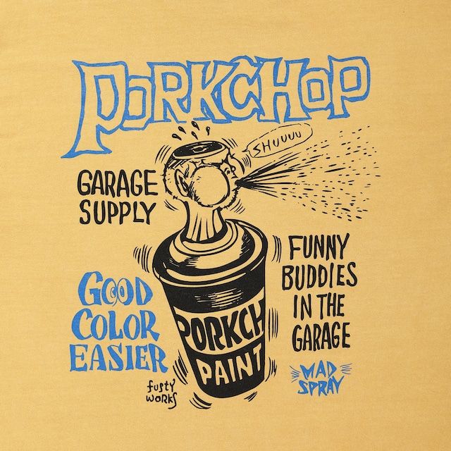 美品 PORKCHOP GARAGE SUPPLY MAD SPRAY ロンT PORKCHOP - MAD SPRAY L/S TEE / MUSTARD / プリントロンティー
