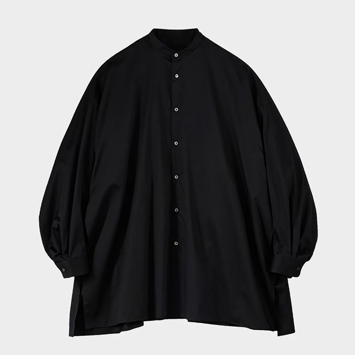 Women / Silicon Poplin Deep Slit Band Collar Shirt / Black