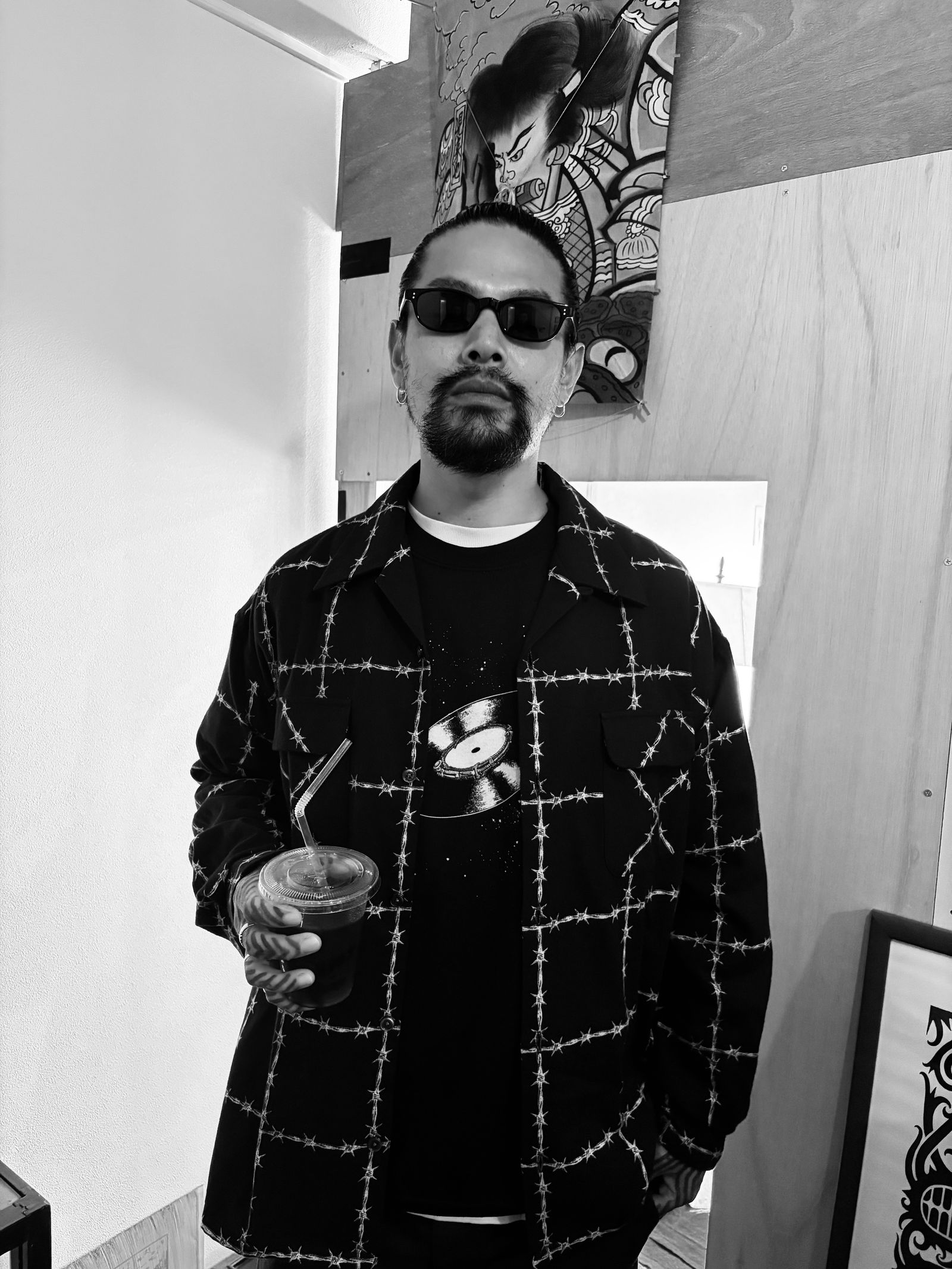 有刺鉄線 OPEN COLLAR L/S SHIRT / NAVY / 総柄シャツ