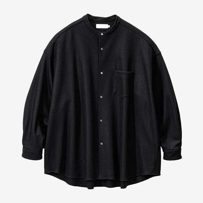 Wool Smooth Flannel Oversized Band Collar Shirt / Black