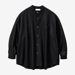 Wool Smooth Flannel Oversized Band Collar Shirt / Black