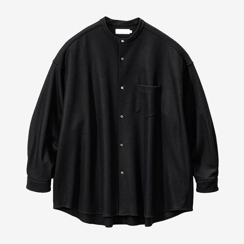 Wool Smooth Flannel Oversized Band Collar Shirt / Black