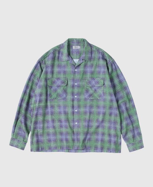 PRINTED PLAID FLANNEL OPEN COLLAR SHIRT / Green x Purple