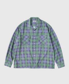 PRINTED PLAID FLANNEL OPEN COLLAR SHIRT / Green x Purple