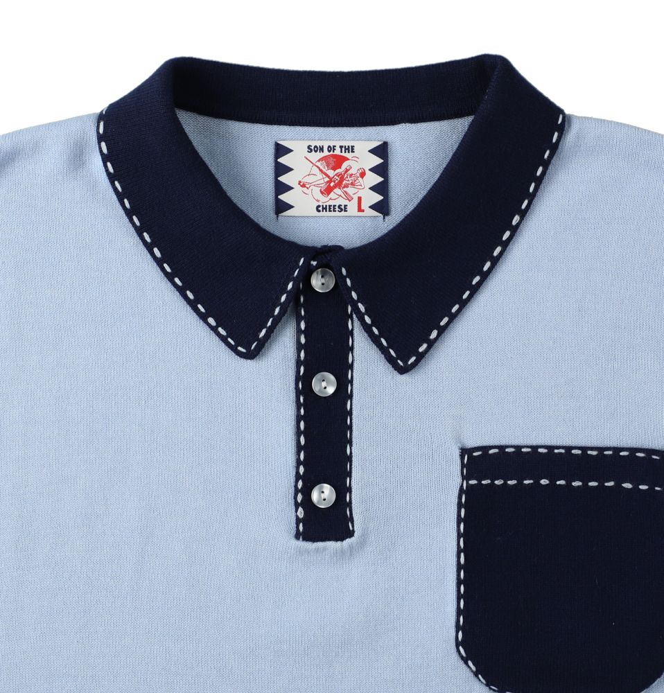 SON OF THE CHEESE - Hand Stitch Polo Knit / BLUE / ハンドステッチポロシャツ | Stripe  Online Store