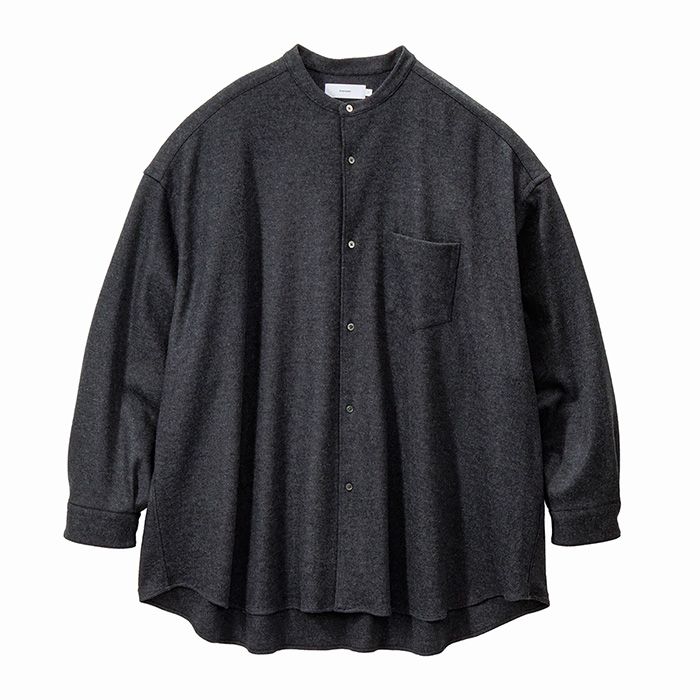 Wool Smooth Flannel Oversized Band Collar Shirt  / GRAY