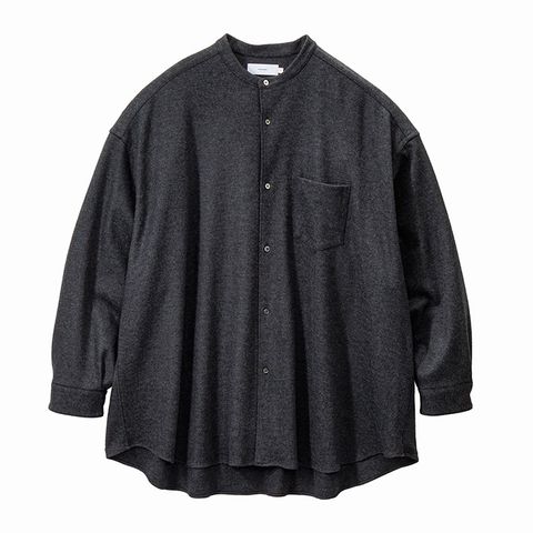 Wool Smooth Flannel Oversized Band Collar Shirt  / GRAY