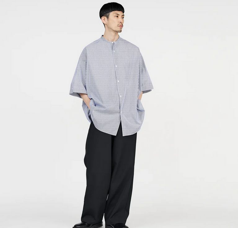 Graphpaper - Broad Stripe S/S Oversized Band Collar Shirt / BLUE