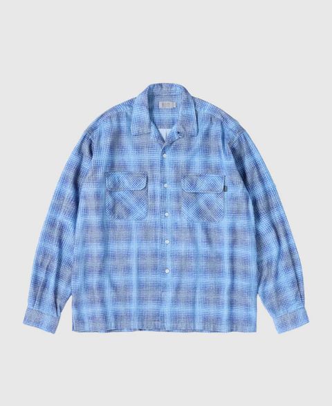 PRINTED PLAID FLANNEL OPEN COLLAR SHIRT / Bule x Navy