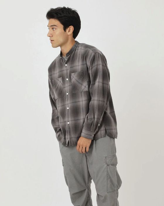 OFFICER STAND COLLAR L/S SHIRT COTTON TWILL OMBRE CHECK by Rafu / GRAY