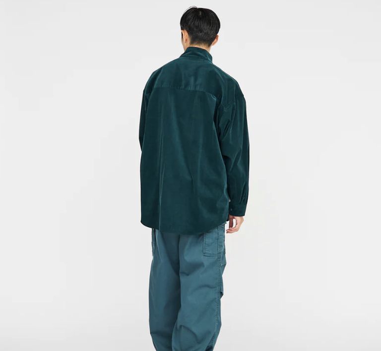 Graphpaper - Suvin Corduroy Stand Collar Shirt / D.GREEN | Stripe