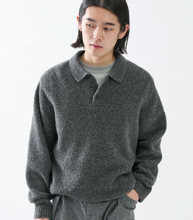 HIKER POLO SWEATER WOOL BOUCLE KNIT / CHARCOAL / ポロ セーター